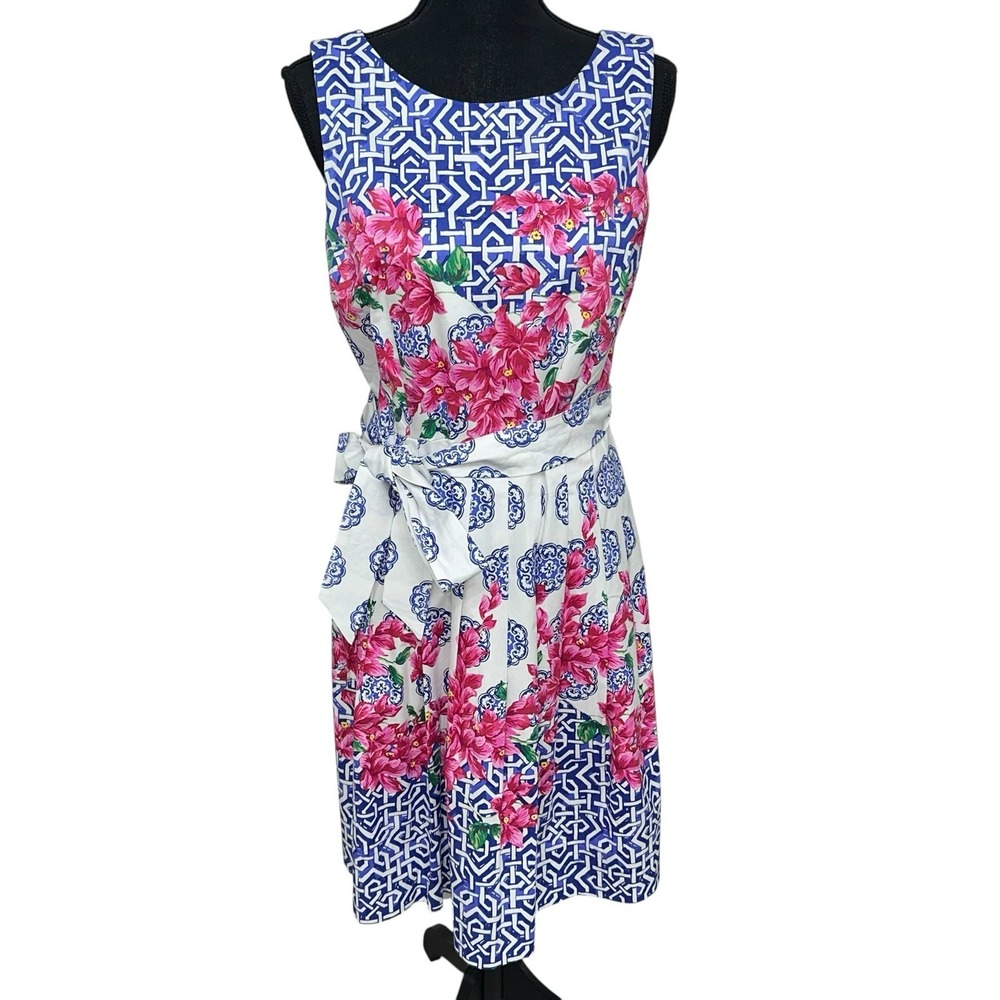 Talbots Size 8P‎ Mosaic Floral Sateen Fit Flare Easter Dress Cottagecore Pockets